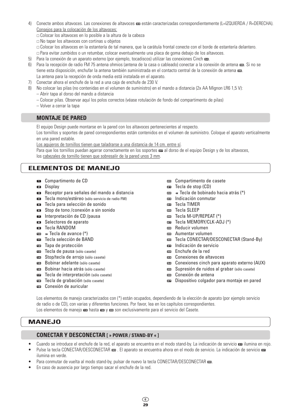 Montaje de pared, Elementos de manejo, Manejo conectar y desconectar | Kompernass KH 2300 User Manual | Page 29 / 70