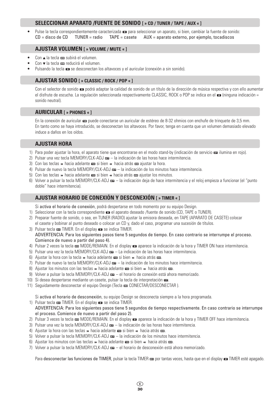 Seleccionar aparato /fuente de sonido, Ajustar volumen, Ajustar sonido | Auricular, Ajustar hora, Ajustar horario de conexión y desconexión | Kompernass KH 2300 User Manual | Page 30 / 70