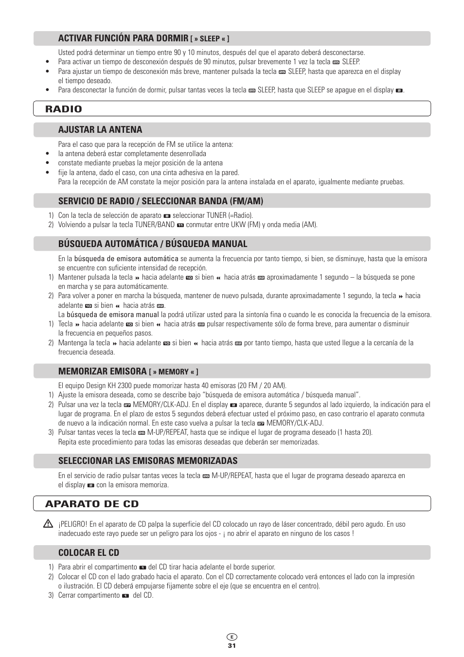 Activar función para dormir, Radio ajustar la antena, Servicio de radio / seleccionar banda (fm/am) | Búsqueda automática / búsqueda manual, Aparato de cd, Colocar el cd | Kompernass KH 2300 User Manual | Page 31 / 70