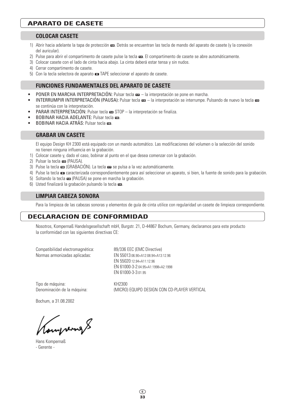 Aparato de casete colocar casete, Funciones fundamentales del aparato de casete, Grabar un casete | Limpiar cabeza sonora, Declaracion de conformidad | Kompernass KH 2300 User Manual | Page 33 / 70