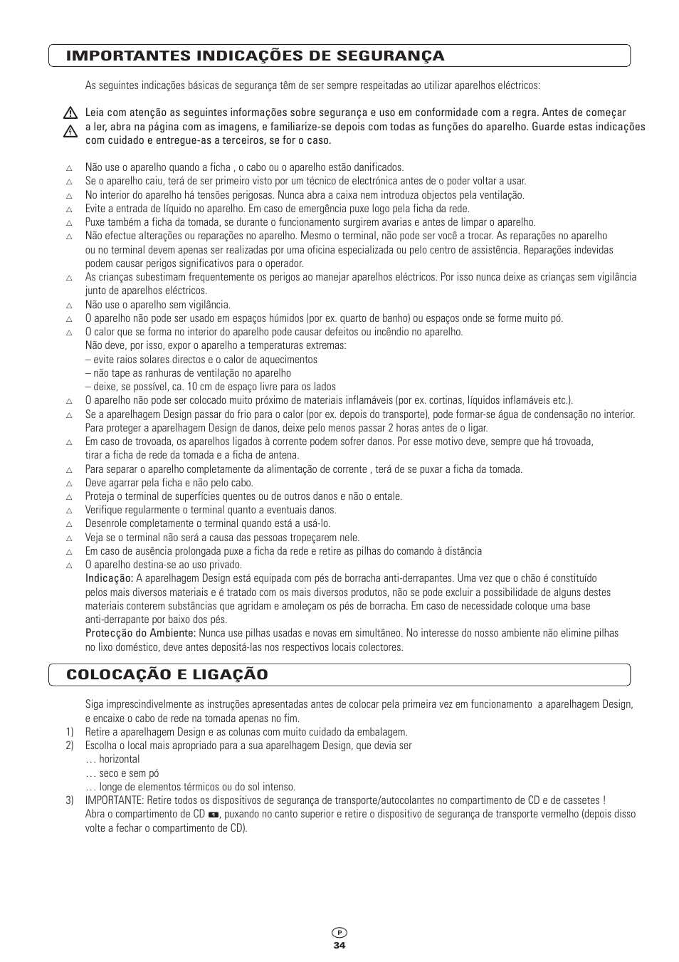 Importantes indicações de segurança, Colocação e ligação | Kompernass KH 2300 User Manual | Page 34 / 70