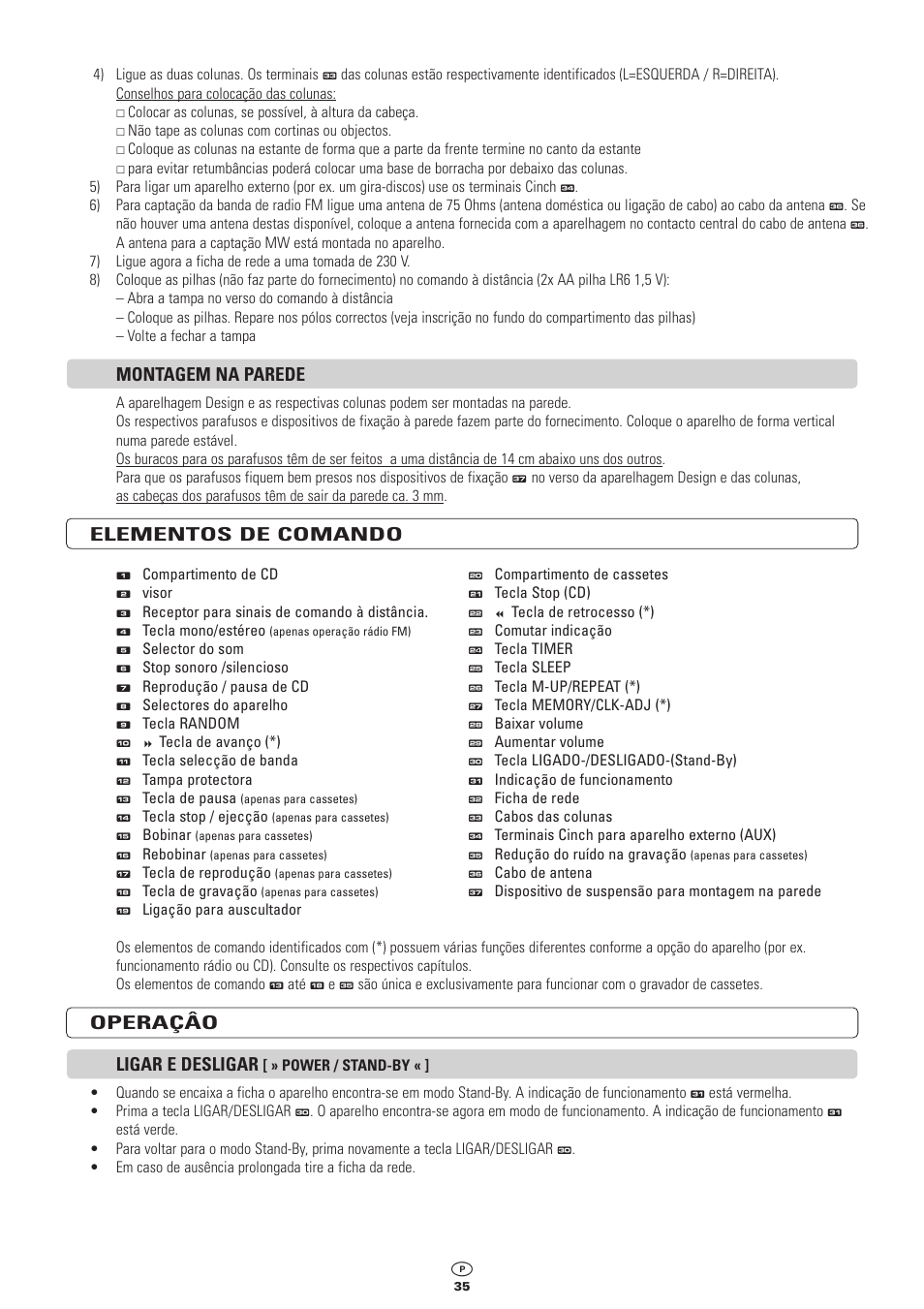 Montagem na parede, Elementos de comando, Operaçâo ligar e desligar | Kompernass KH 2300 User Manual | Page 35 / 70