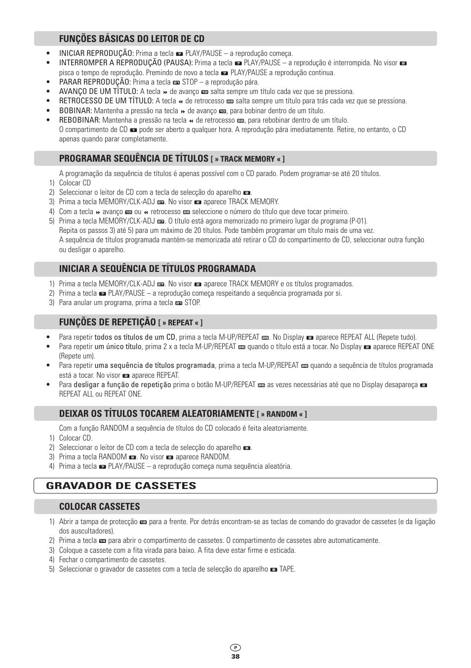 Funções básicas do leitor de cd, Programar sequência de títulos, Iniciar a sequência de títulos programada | Funções de repetição, Deixar os títulos tocarem aleatoriamente, Gravador de cassetes colocar cassetes | Kompernass KH 2300 User Manual | Page 38 / 70