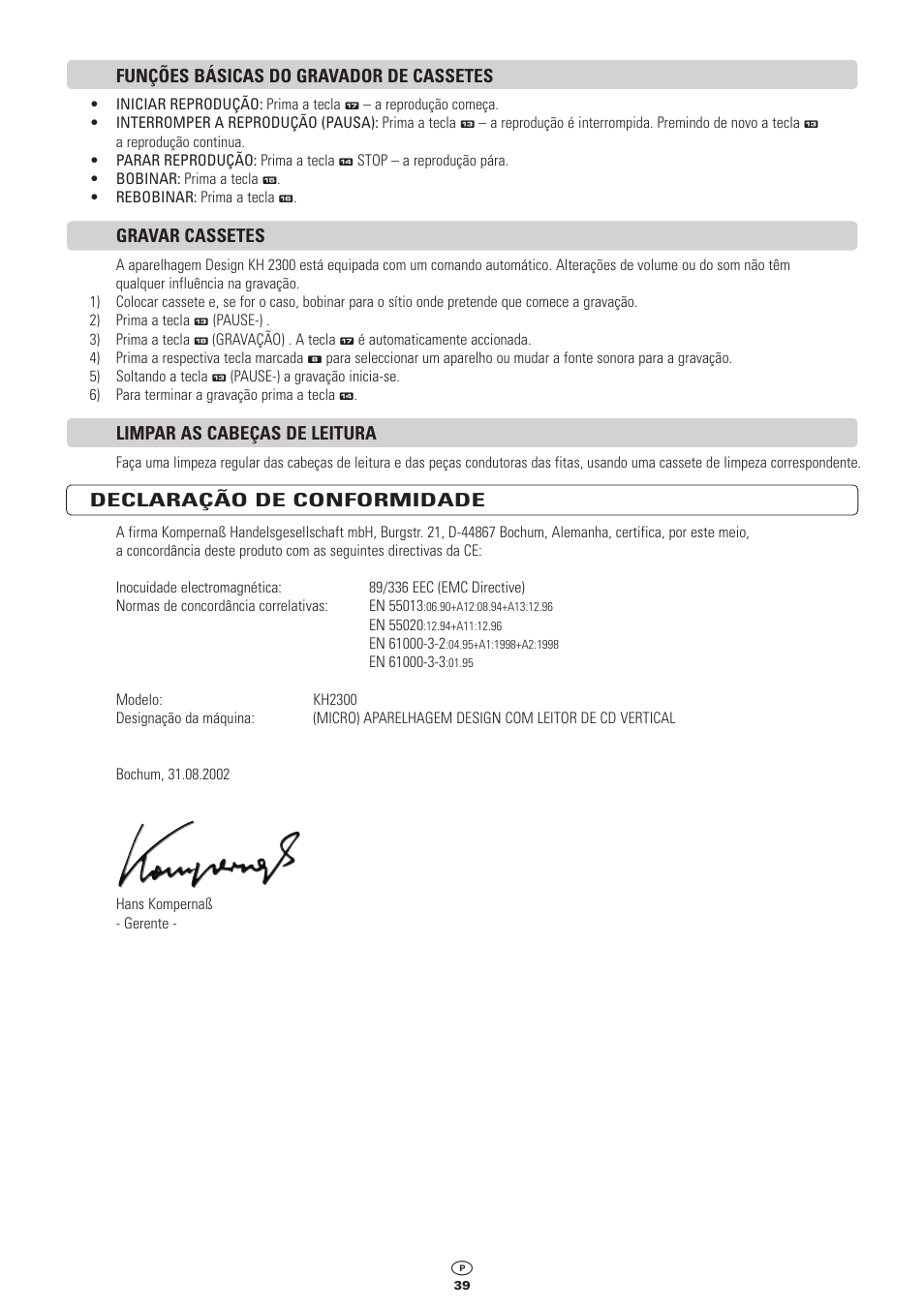 Funções básicas do gravador de cassetes, Gravar cassetes, Limpar as cabeças de leitura | Declaração de conformidade | Kompernass KH 2300 User Manual | Page 39 / 70