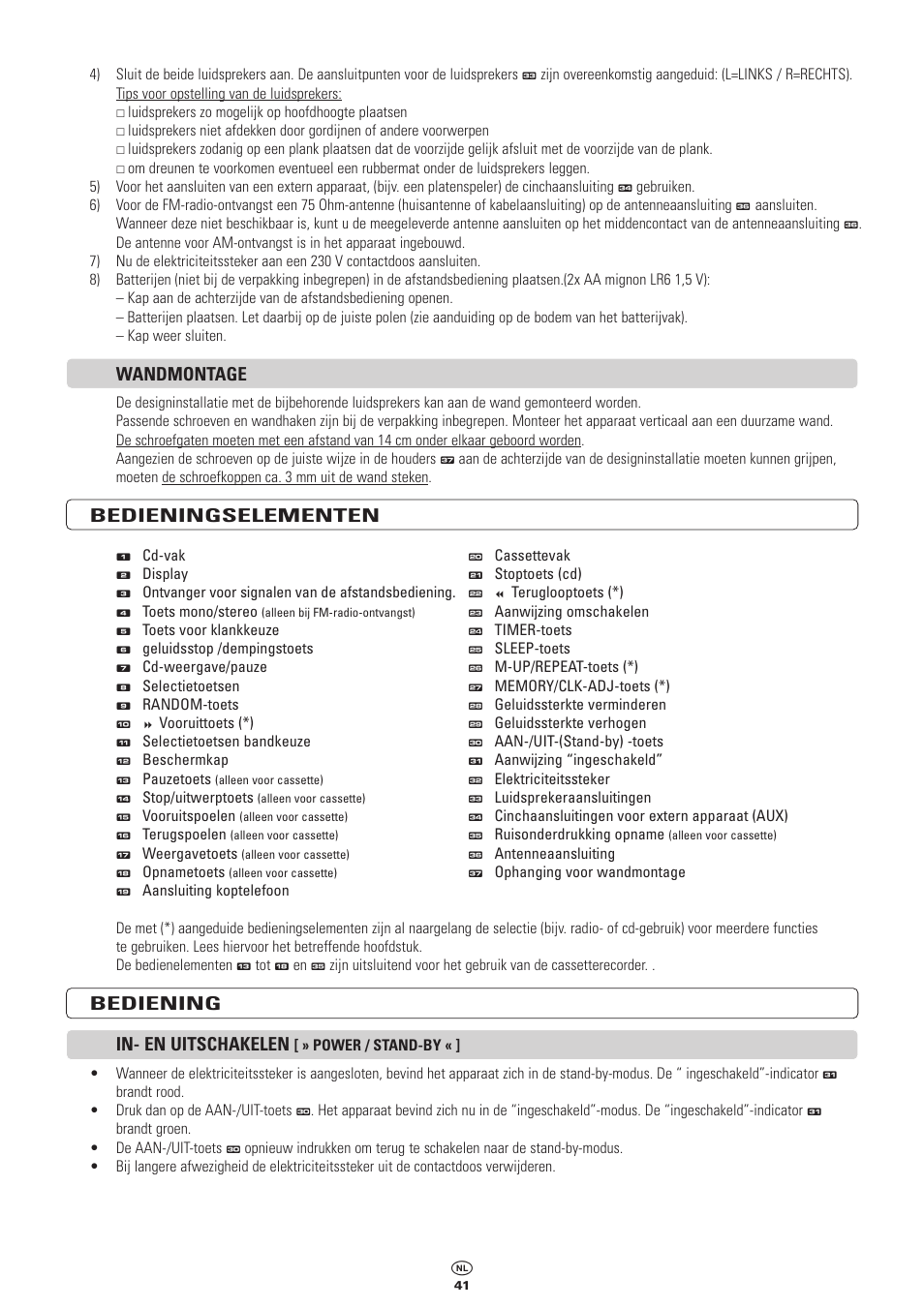 Wandmontage, Bedieningselementen, Bediening in- en uitschakelen | Kompernass KH 2300 User Manual | Page 41 / 70