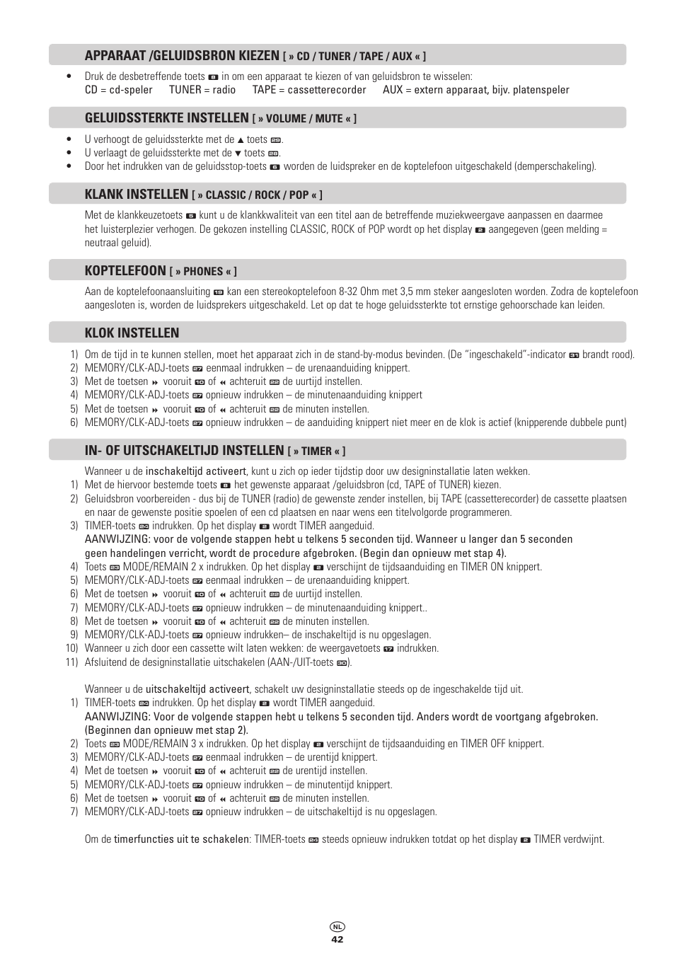 Apparaat /geluidsbron kiezen, Geluidssterkte instellen, Klank instellen | Koptelefoon, Klok instellen, In- of uitschakeltijd instellen | Kompernass KH 2300 User Manual | Page 42 / 70