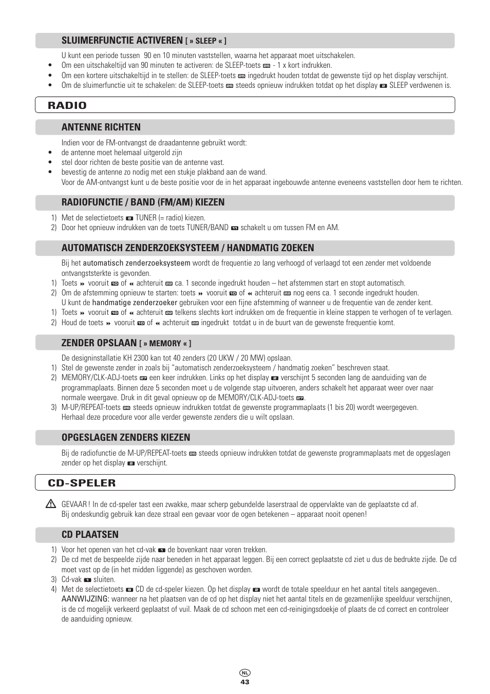 Sluimerfunctie activeren, Radio antenne richten, Radiofunctie / band (fm/am) kiezen | Automatisch zenderzoeksysteem / handmatig zoeken, Zender opslaan, Opgeslagen zenders kiezen, Cd-speler, Cd plaatsen | Kompernass KH 2300 User Manual | Page 43 / 70