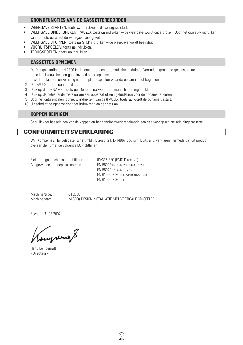 Grondfuncties van de cassetterecorder, Cassettes opnemen, Koppen reinigen | Conformiteitsverklaring | Kompernass KH 2300 User Manual | Page 45 / 70