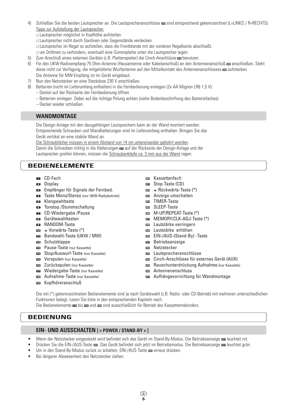 Wandmontage, Bedienelemente, Bedienung ein- und ausschalten | Kompernass KH 2300 User Manual | Page 5 / 70