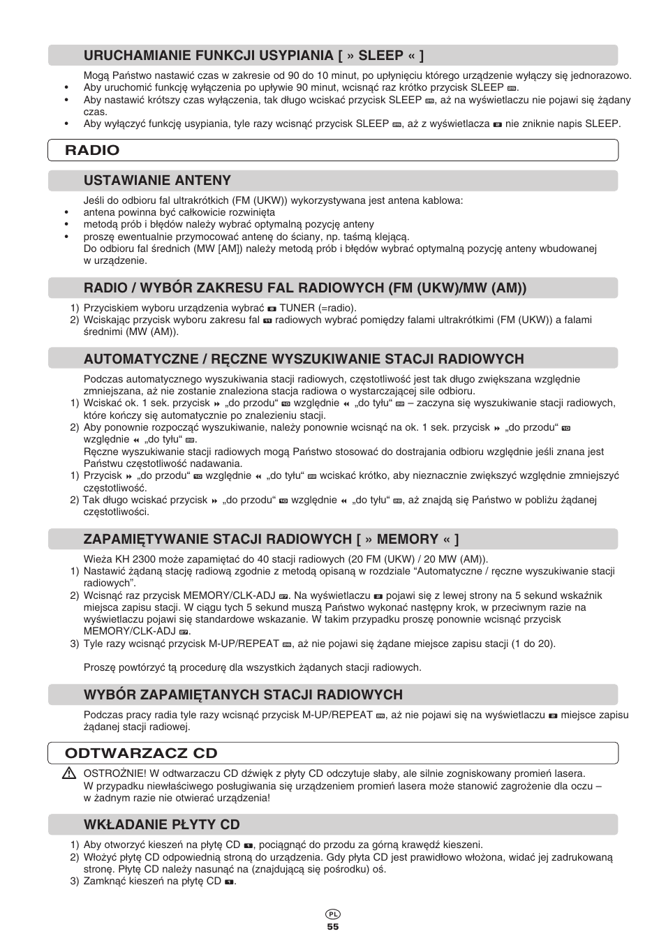 Uruchamianie funkcji usypiania [ » sleep, Radio ustawianie anteny, Wybór zapami¢tanych stacji radiowych | Odtwarzacz cd, Wk¸adanie p¸yty cd | Kompernass KH 2300 User Manual | Page 55 / 70