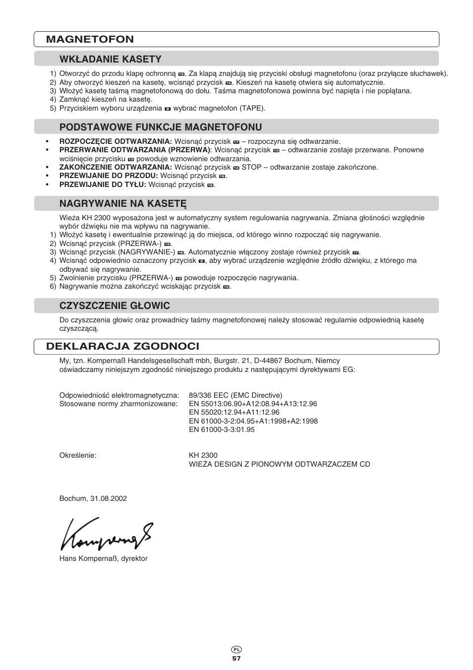 Magnetofon wk¸adanie kasety, Podstawowe funkcje magnetofonu, Nagrywanie na kaset | Czyszczenie g¸owic, Deklaracja zgodnoci | Kompernass KH 2300 User Manual | Page 57 / 70