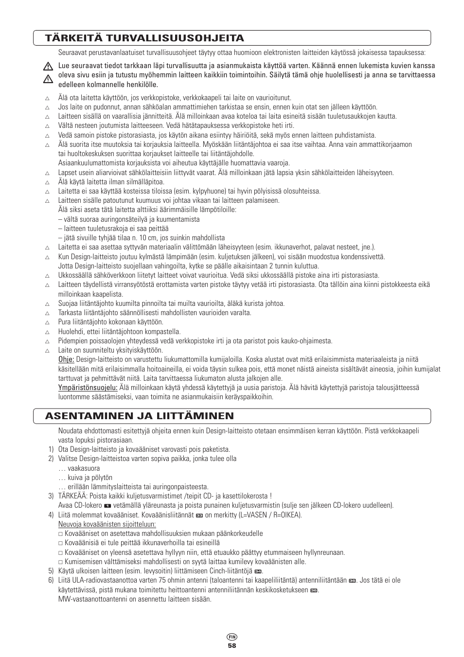 Tärkeitä turvallisuusohjeita, Asentaminen ja liittäminen | Kompernass KH 2300 User Manual | Page 58 / 70