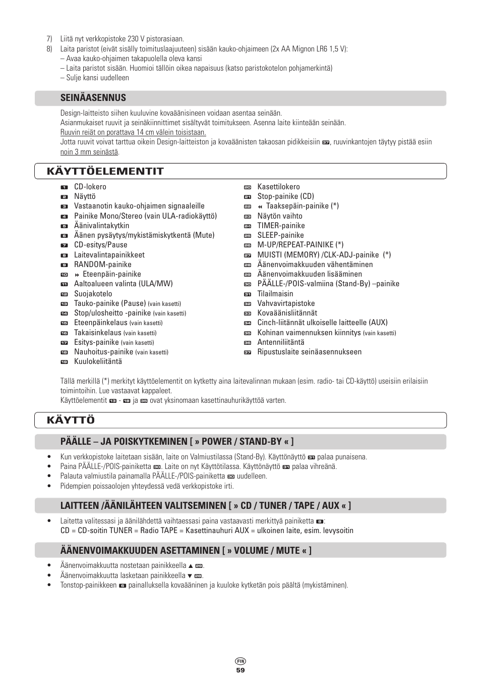 Seinäasennus, Käyttöelementit, Äänenvoimakkuuden asettaminen [ » volume / mute | Kompernass KH 2300 User Manual | Page 59 / 70