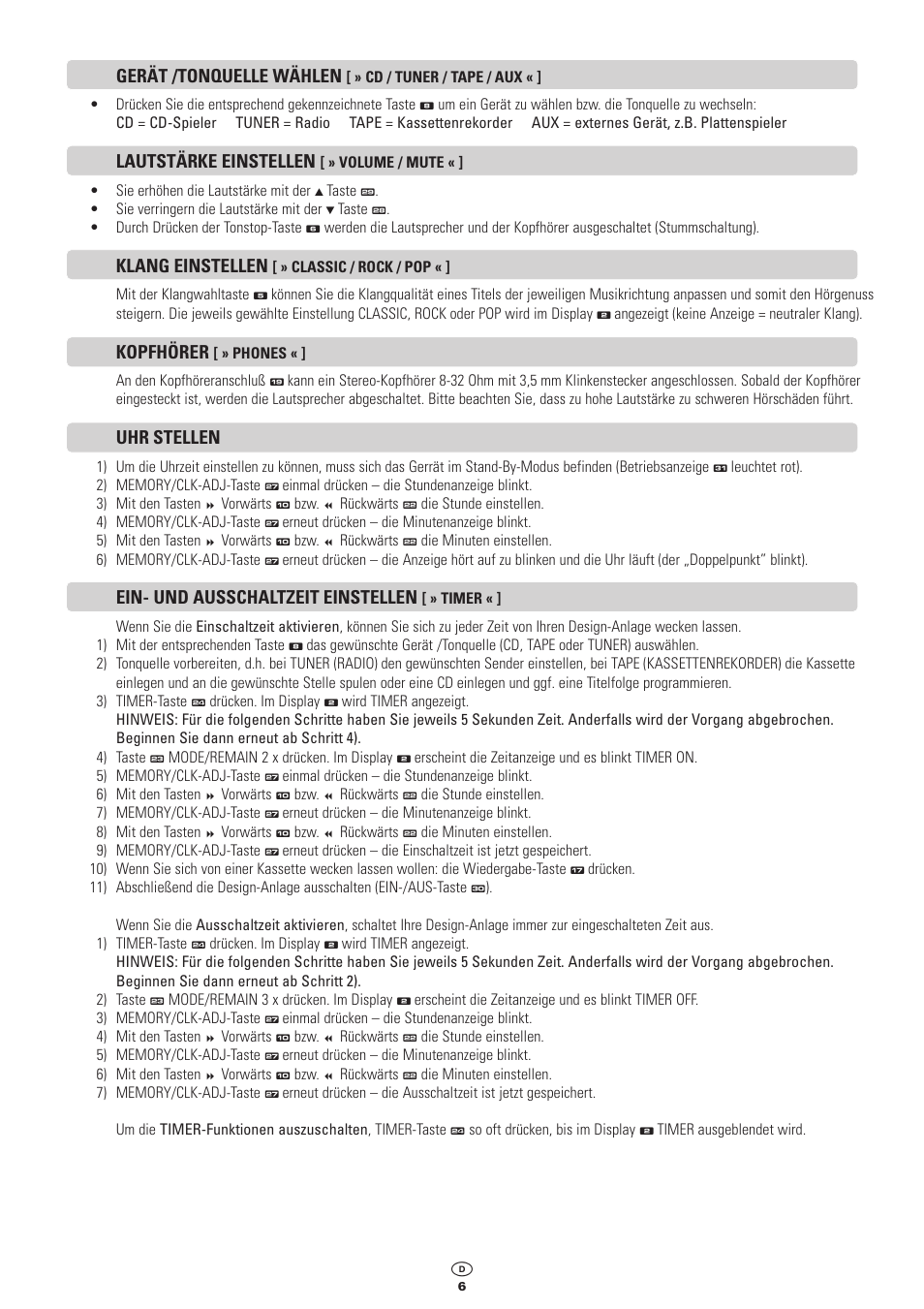 Gerät /tonquelle wählen, Lautstärke einstellen, Klang einstellen | Kopfhörer, Uhr stellen, Ein- und ausschaltzeit einstellen | Kompernass KH 2300 User Manual | Page 6 / 70