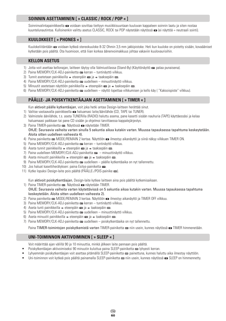 Soinnin asettaminen [ » classic / rock / pop, Kuulokkeet [ » phones, Kellon asetus | Päälle- ja poiskytkentäajan asettaminen [ » timer, Uni-toiminnon aktivoiminen [ » sleep | Kompernass KH 2300 User Manual | Page 60 / 70