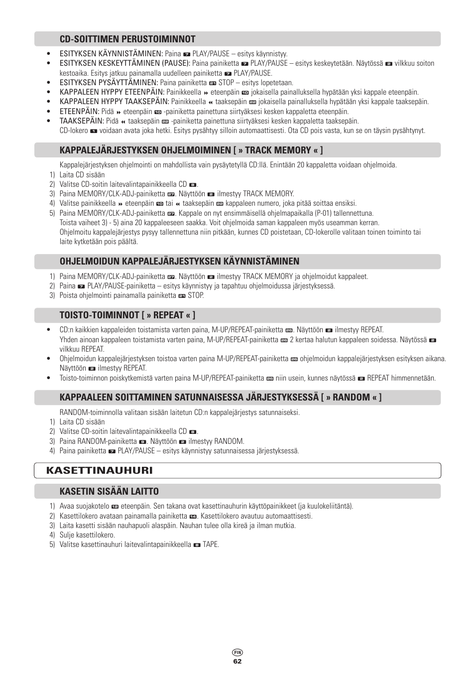 Cd-soittimen perustoiminnot, Ohjelmoidun kappalejärjestyksen käynnistäminen, Toisto-toiminnot [ » repeat | Kasettinauhuri kasetin sisään laitto | Kompernass KH 2300 User Manual | Page 62 / 70