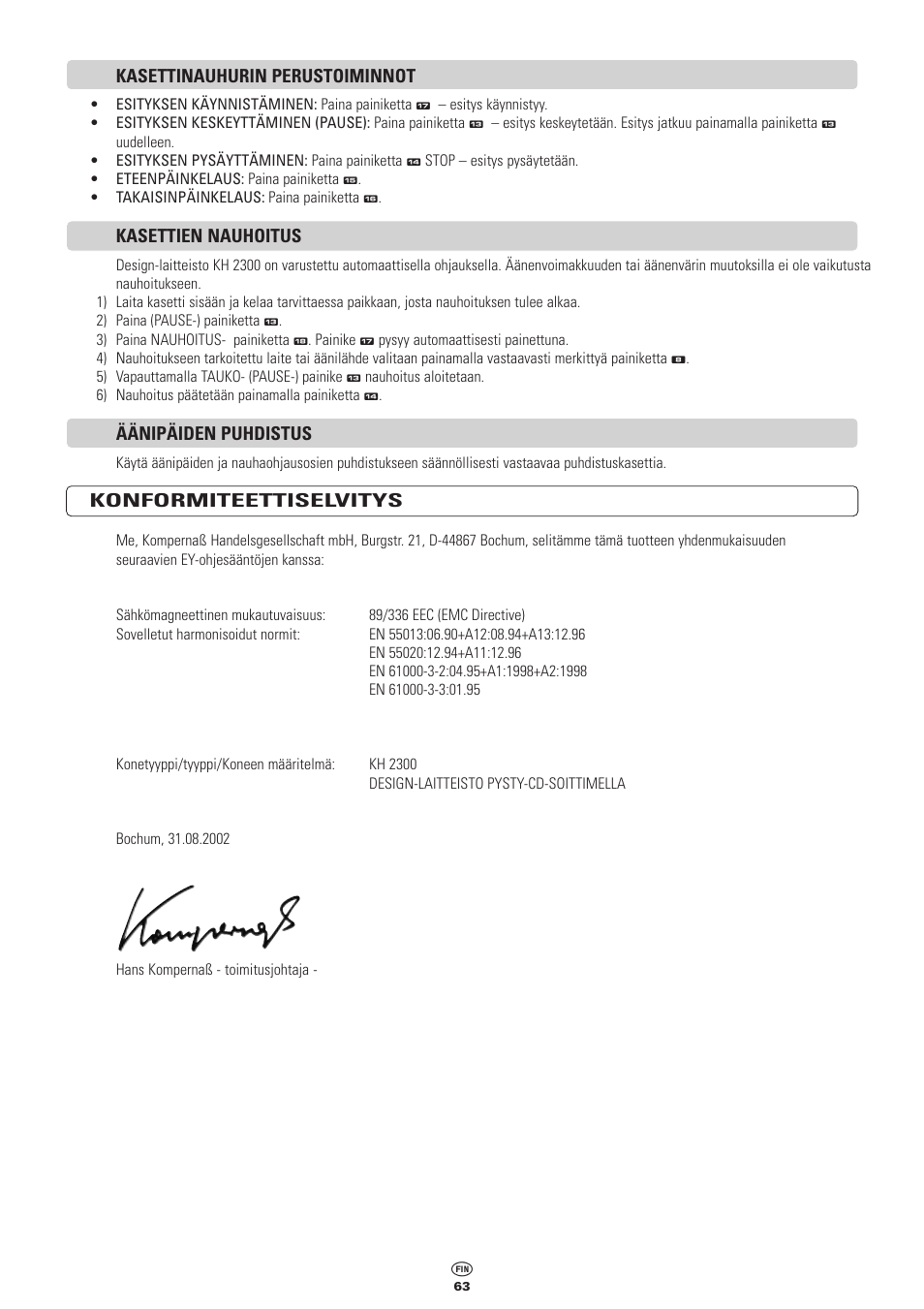 Kasettinauhurin perustoiminnot, Kasettien nauhoitus, Äänipäiden puhdistus | Konformiteettiselvitys | Kompernass KH 2300 User Manual | Page 63 / 70