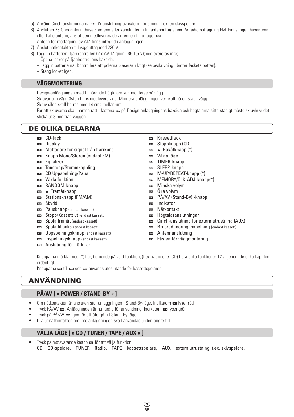 Väggmontering, De olika delarna, Användning på/av [ » power / stand-by | Välja läge [ » cd / tuner / tape / aux | Kompernass KH 2300 User Manual | Page 65 / 70