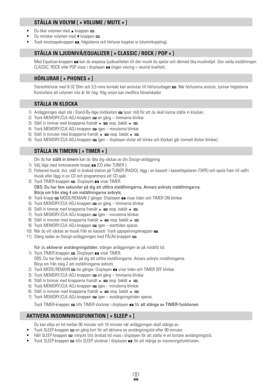 Ställa in volym [ » volume / mute, Hörlurar [ » phones, Ställa in klocka | Ställa in timern [ » timer, Aktivera insomningsfunktion [ » sleep | Kompernass KH 2300 User Manual | Page 66 / 70