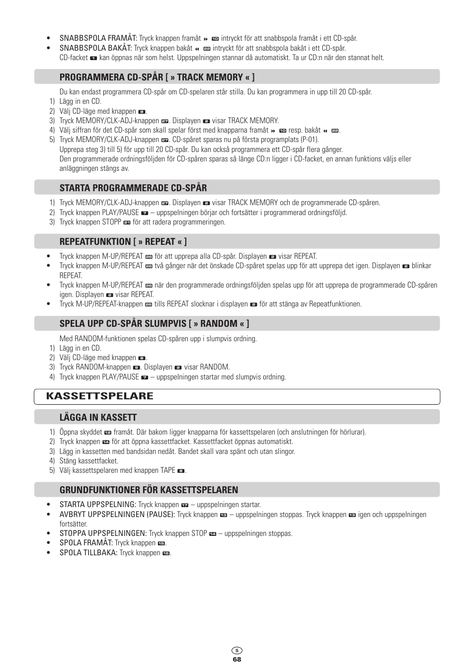 Starta programmerade cd-spår, Repeatfunktion [ » repeat, Spela upp cd-spår slumpvis [ » random | Kassettspelare lägga in kassett, Grundfunktioner för kassettspelaren | Kompernass KH 2300 User Manual | Page 68 / 70