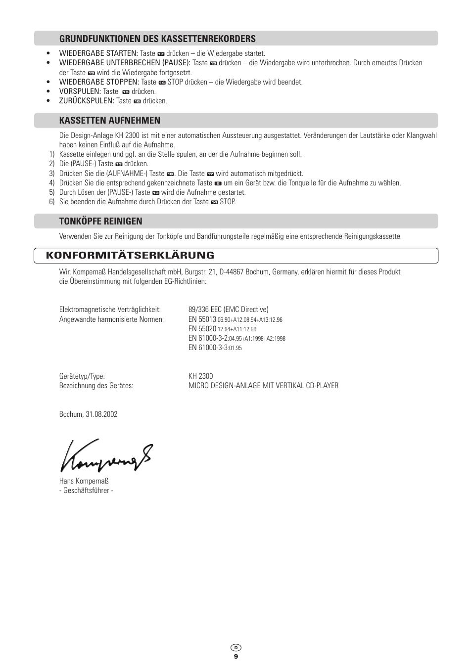 Grundfunktionen des kassettenrekorders, Kassetten aufnehmen, Tonköpfe reinigen | Konformitätserklärung | Kompernass KH 2300 User Manual | Page 9 / 70