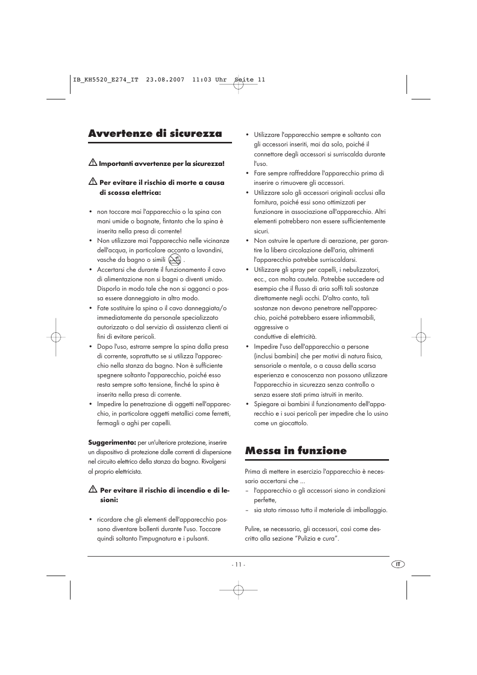 Avvertenze di sicurezza, Messa in funzione | Kompernass Styling Curler Set KH 5520 User Manual | Page 11 / 26