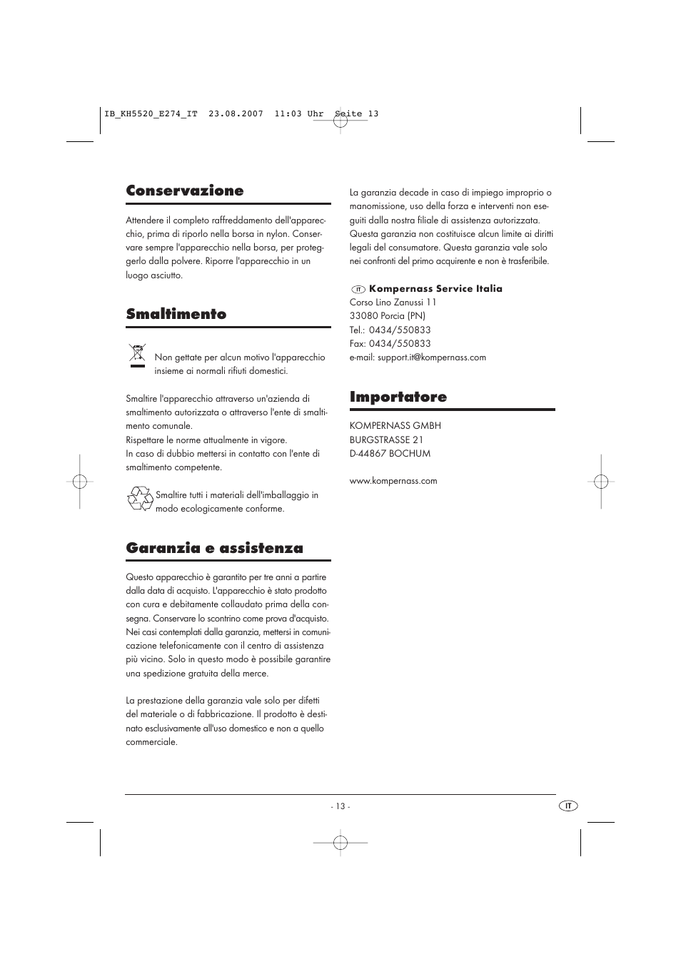 Conservazione, Smaltimento, Garanzia e assistenza | Importatore | Kompernass Styling Curler Set KH 5520 User Manual | Page 13 / 26