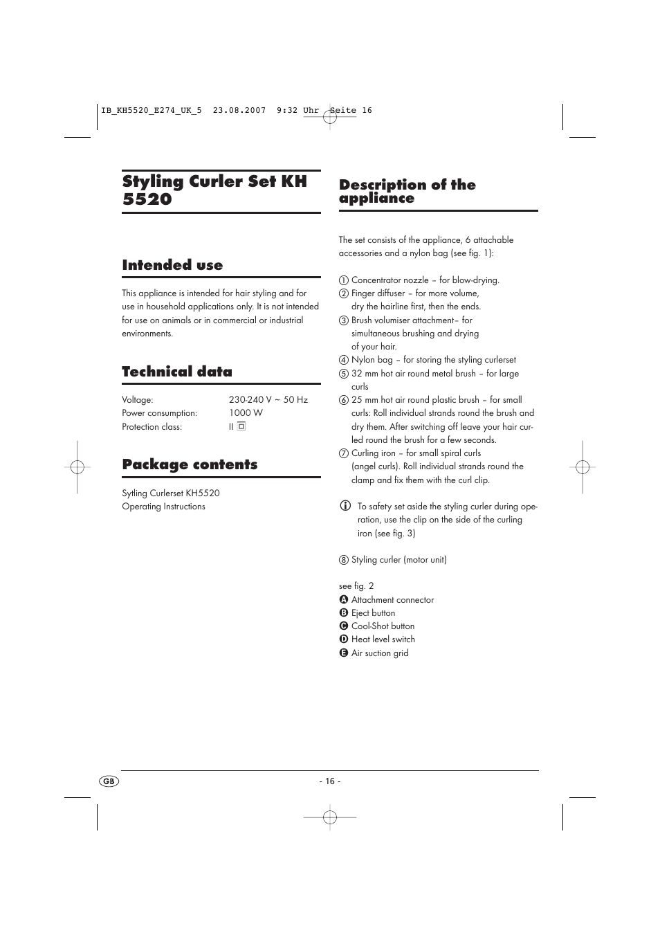 Styling curler set kh 5520, Intended use, Technical data | Package contents, Description of the appliance | Kompernass Styling Curler Set KH 5520 User Manual | Page 16 / 26