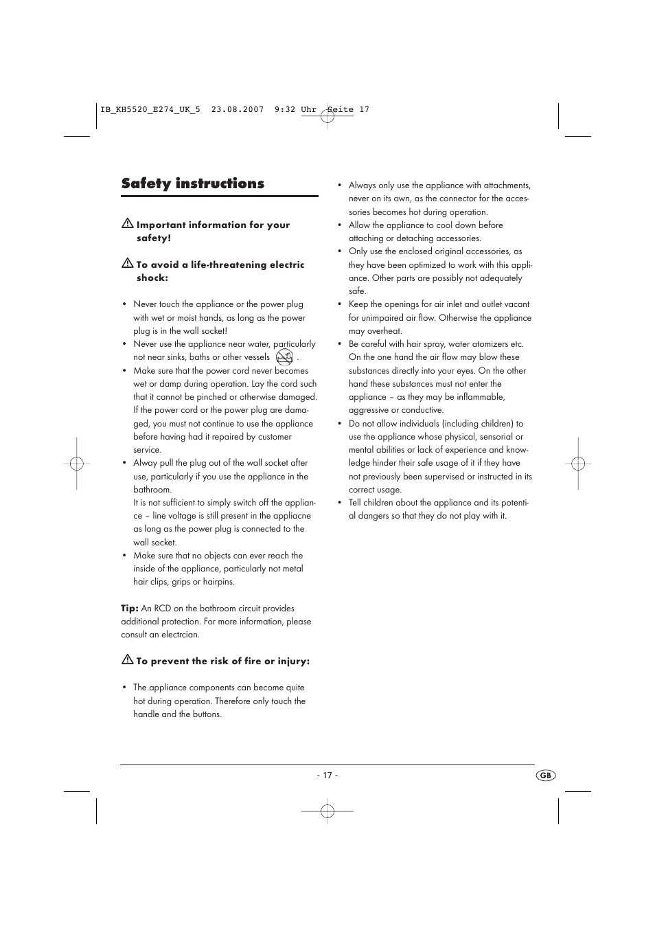 Safety instructions | Kompernass Styling Curler Set KH 5520 User Manual | Page 17 / 26