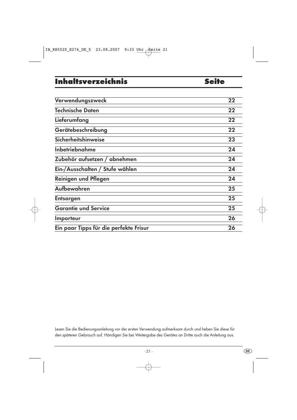 Inhaltsverzeichnis seite | Kompernass Styling Curler Set KH 5520 User Manual | Page 21 / 26