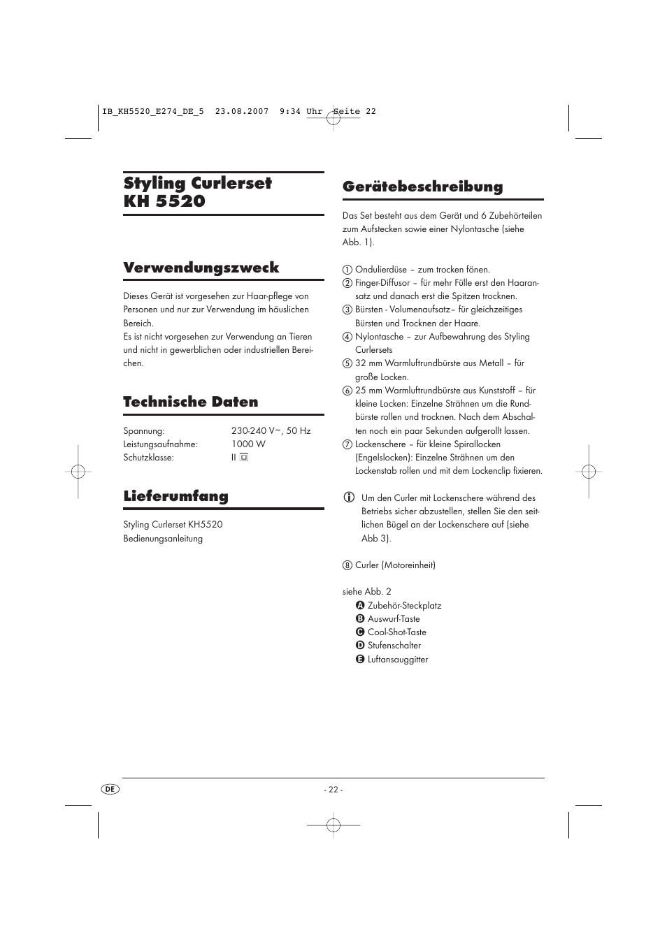 Styling curlerset kh 5520, Verwendungszweck, Technische daten | Lieferumfang, Gerätebeschreibung | Kompernass Styling Curler Set KH 5520 User Manual | Page 22 / 26