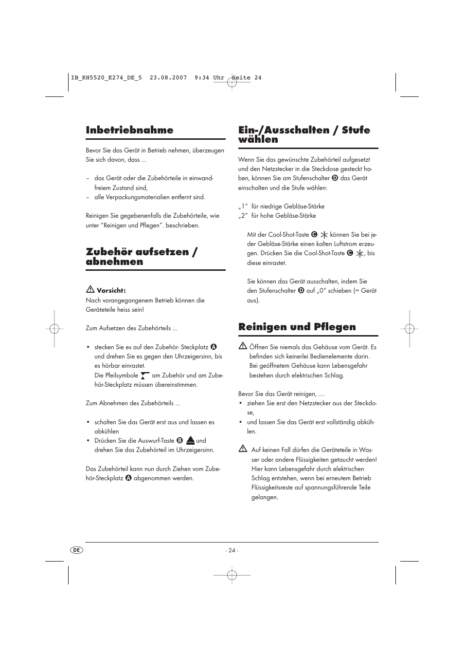 Inbetriebnahme, Zubehör aufsetzen / abnehmen, Ein-/ausschalten / stufe wählen | Reinigen und pflegen | Kompernass Styling Curler Set KH 5520 User Manual | Page 24 / 26
