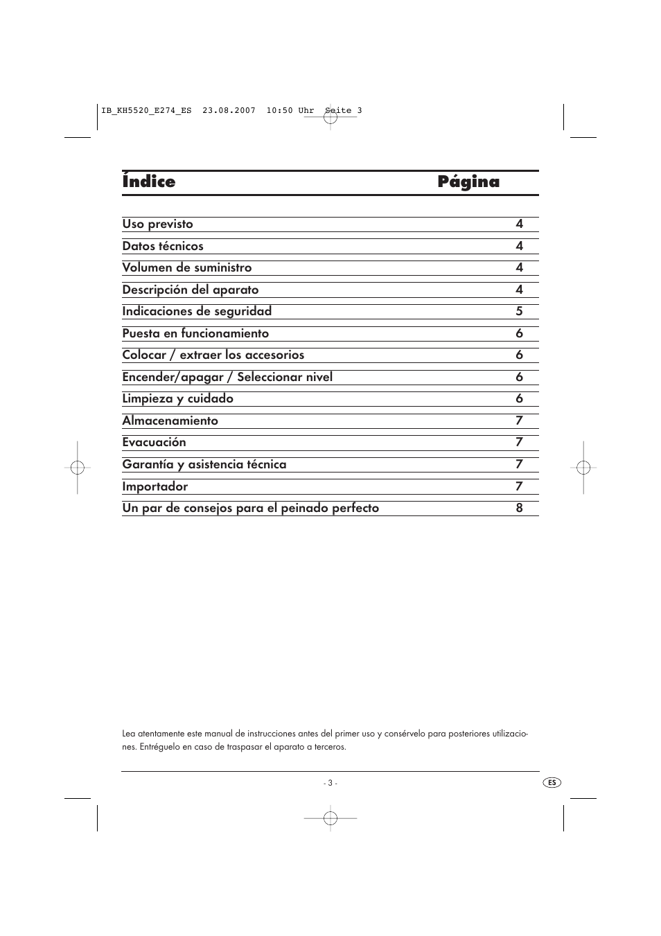 Índice página | Kompernass Styling Curler Set KH 5520 User Manual | Page 3 / 26