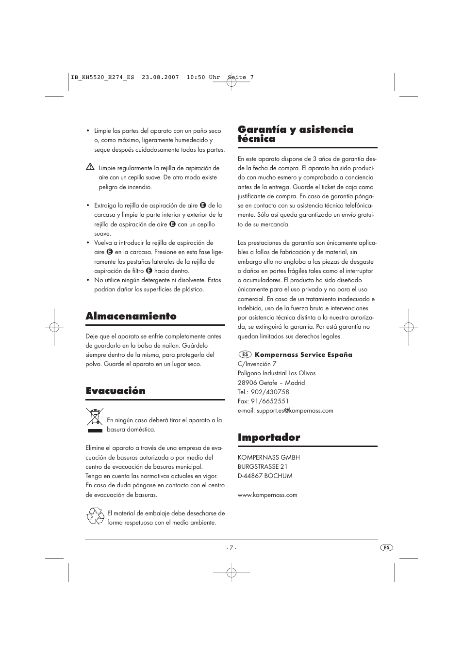 Almacenamiento, Evacuación, Garantía y asistencia técnica | Importador | Kompernass Styling Curler Set KH 5520 User Manual | Page 7 / 26