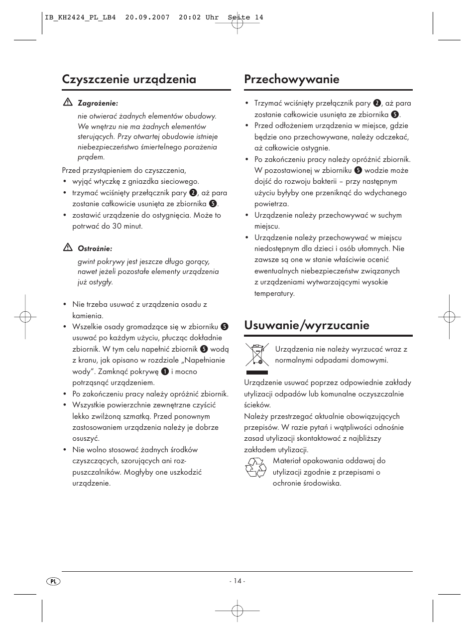 Czyszczenie urządzenia, Przechowywanie, Usuwanie/wyrzucanie | Kompernass KH 2424 User Manual | Page 16 / 66