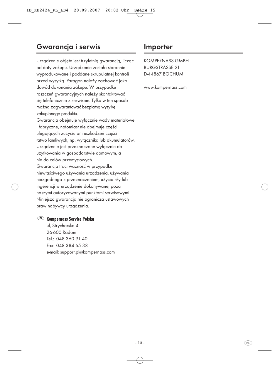 Gwarancja i serwis, Importer | Kompernass KH 2424 User Manual | Page 17 / 66