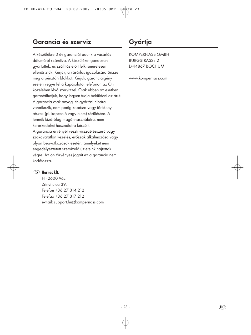 Garancia és szerviz, Gyártja | Kompernass KH 2424 User Manual | Page 25 / 66