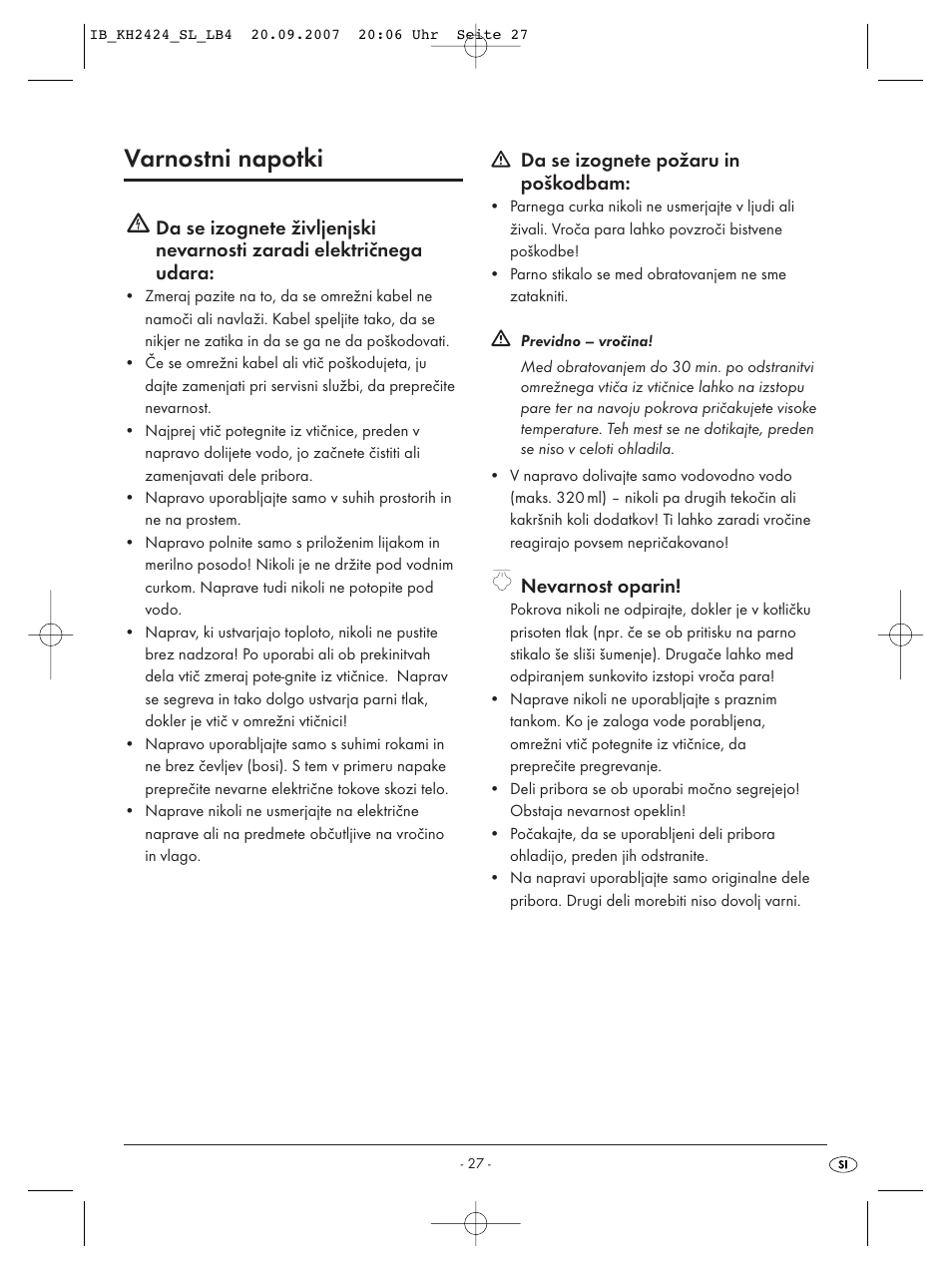 Varnostni napotki, Da se izognete požaru in poškodbam, Nevarnost oparin | Kompernass KH 2424 User Manual | Page 29 / 66