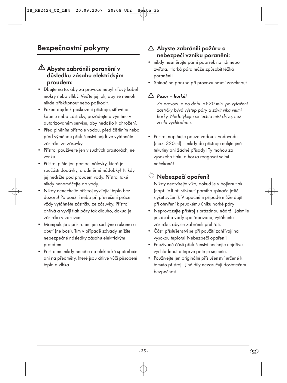 Bezpečnostní pokyny, Nebezpečí opaření | Kompernass KH 2424 User Manual | Page 37 / 66