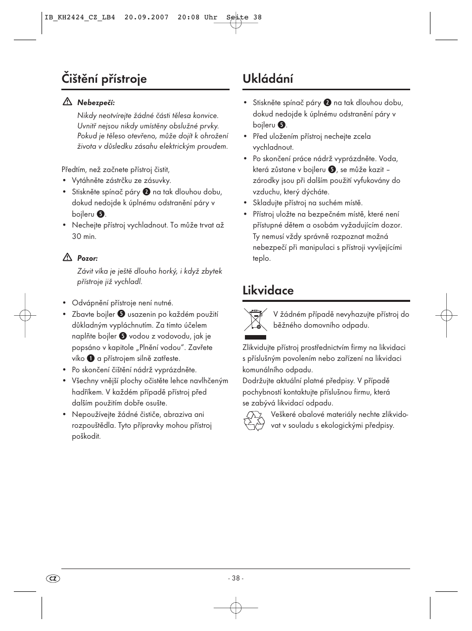 Čištění přístroje, Ukládání, Likvidace | Kompernass KH 2424 User Manual | Page 40 / 66