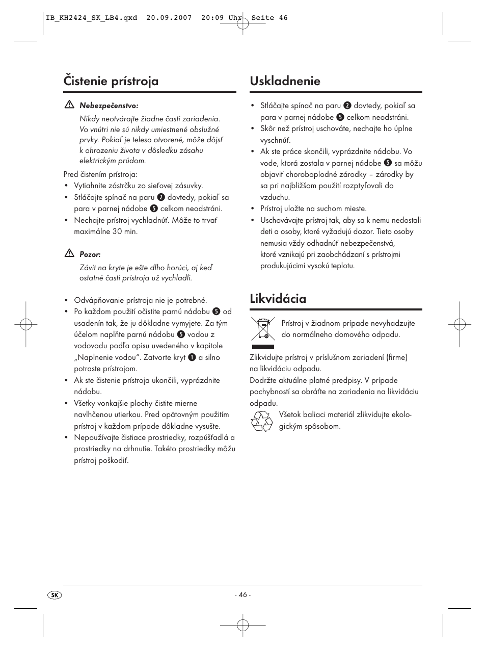 Čistenie prístroja, Uskladnenie, Likvidácia | Kompernass KH 2424 User Manual | Page 48 / 66