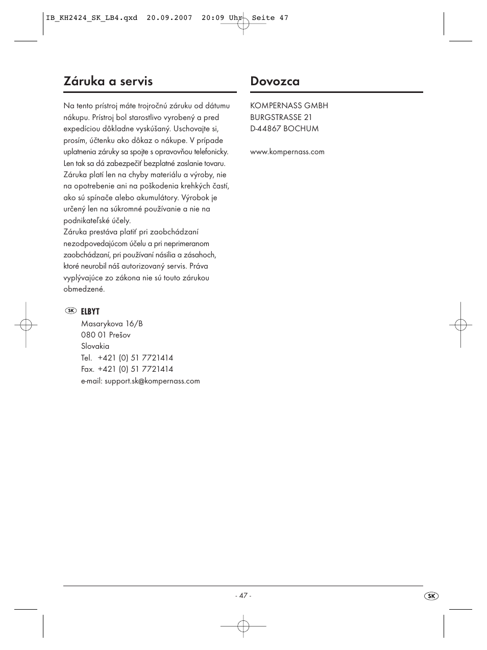 Záruka a servis, Dovozca | Kompernass KH 2424 User Manual | Page 49 / 66