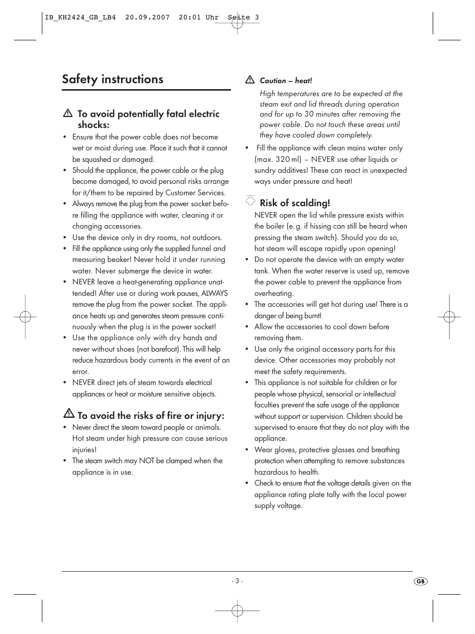 Safety instructions, Risk of scalding | Kompernass KH 2424 User Manual | Page 5 / 66