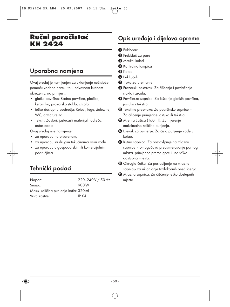 Ručni paročistać kh 2424, Uporabna namjena, Tehnički podaci | Opis uređaja i dijelova opreme | Kompernass KH 2424 User Manual | Page 52 / 66