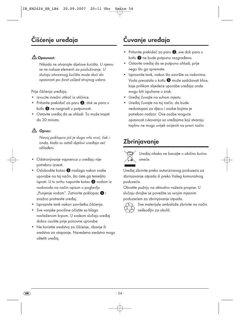 Čišćenje uređaja, Čuvanje uređaja, Zbrinjavanje | Kompernass KH 2424 User Manual | Page 56 / 66