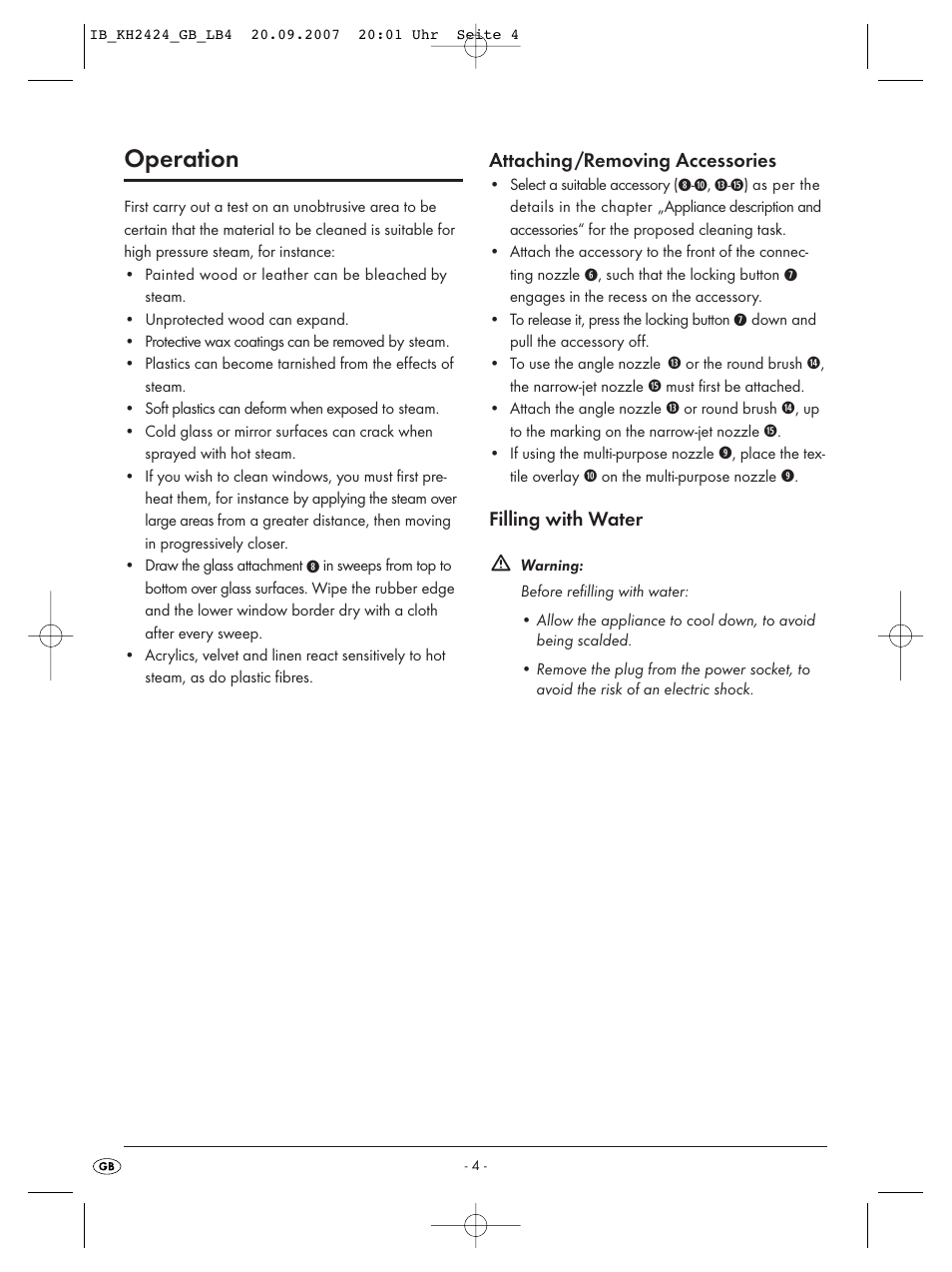 Operation, Attaching /removing accessories, Filling with water | Kompernass KH 2424 User Manual | Page 6 / 66