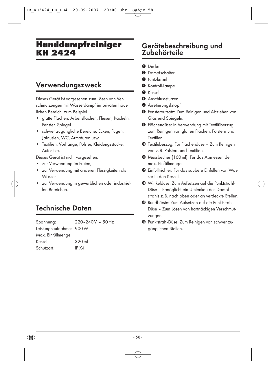 Handdampfreiniger kh 2424, Verwendungszweck, Technische daten | Gerätebeschreibung und zubehörteile | Kompernass KH 2424 User Manual | Page 60 / 66