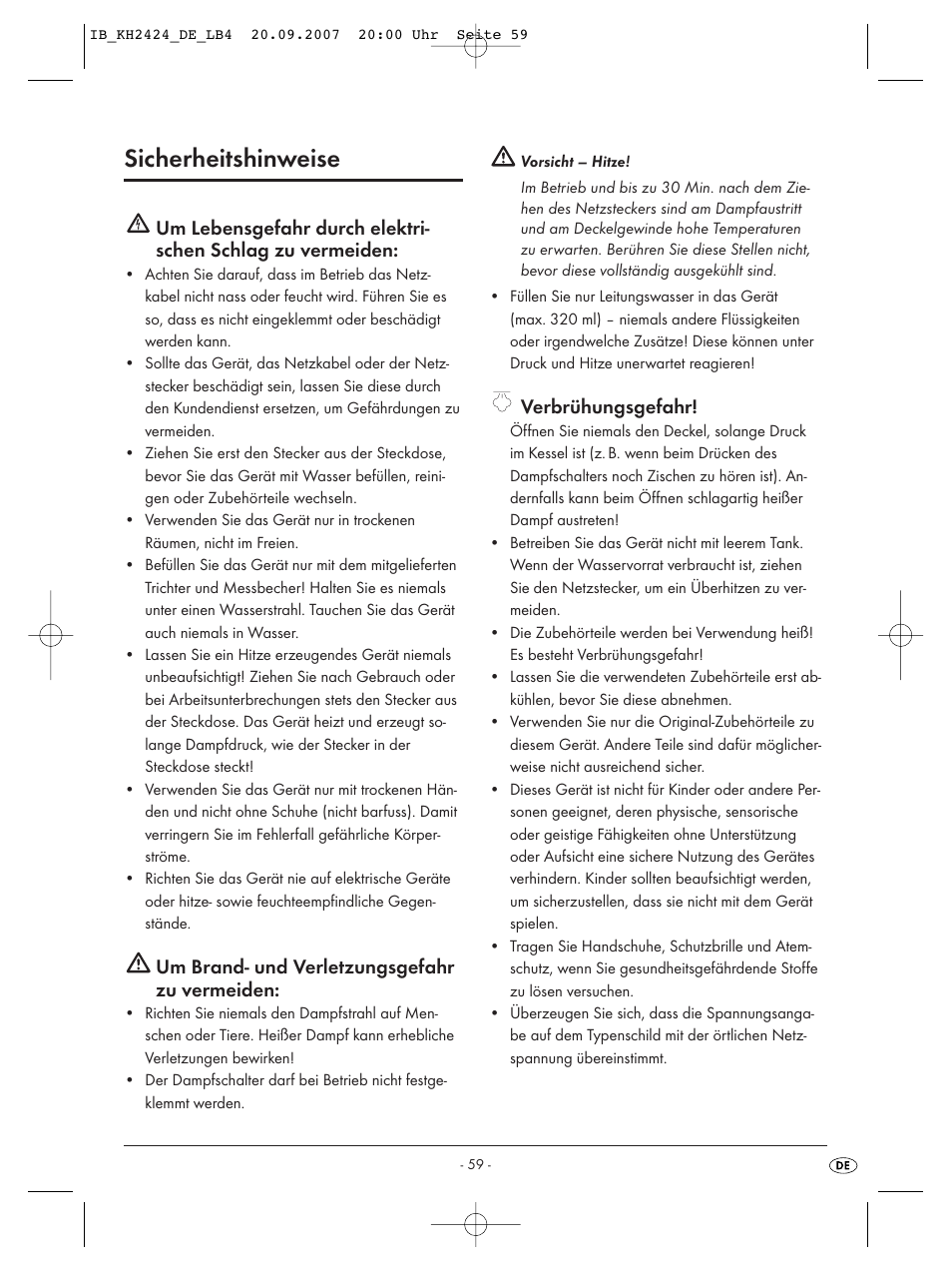 Sicherheitshinweise, Um brand- und verletzungsgefahr zu vermeiden, Verbrühungsgefahr | Kompernass KH 2424 User Manual | Page 61 / 66