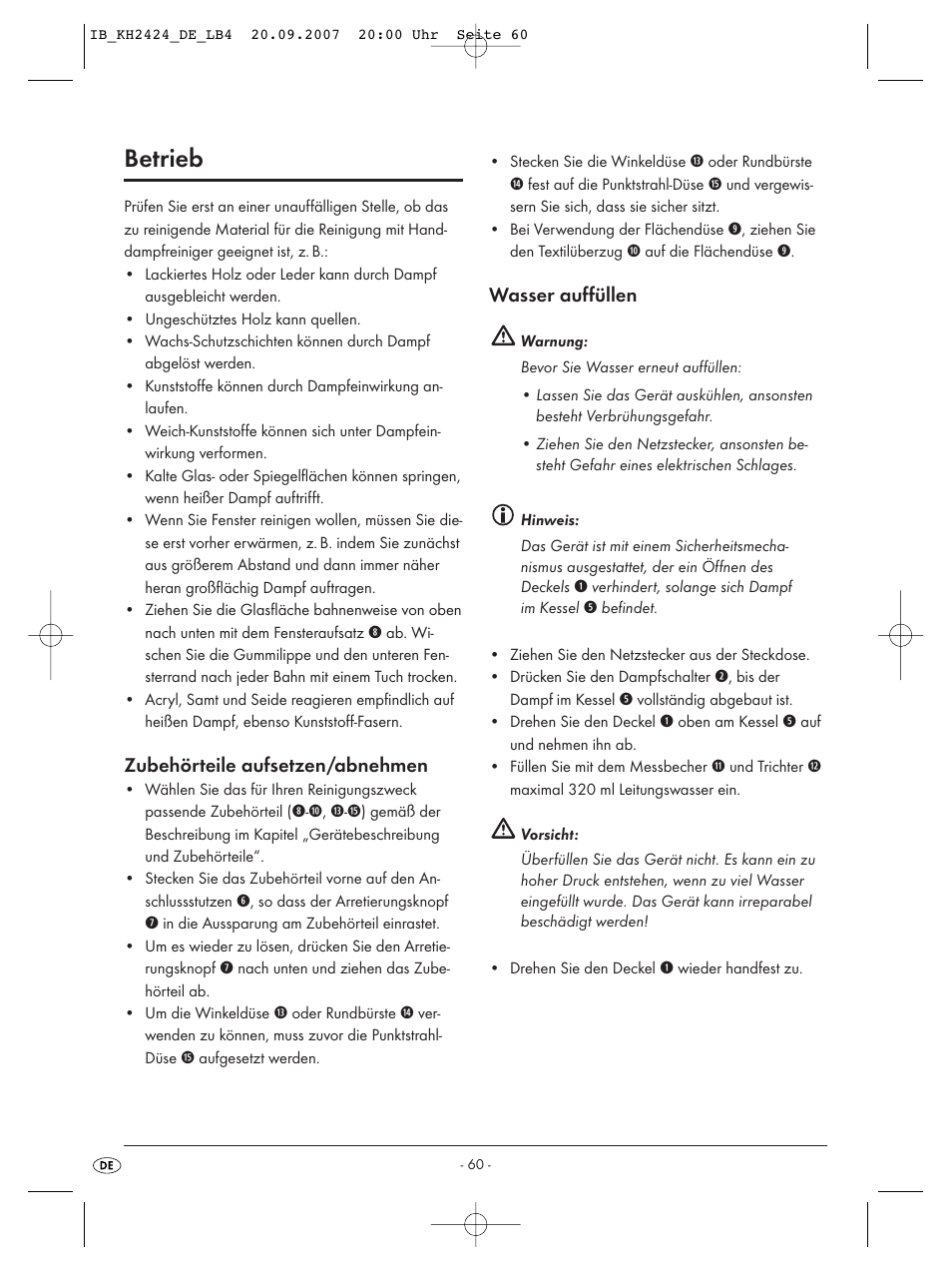 Betrieb, Zubehörteile aufsetzen/abnehmen, Wasser auffüllen | Kompernass KH 2424 User Manual | Page 62 / 66