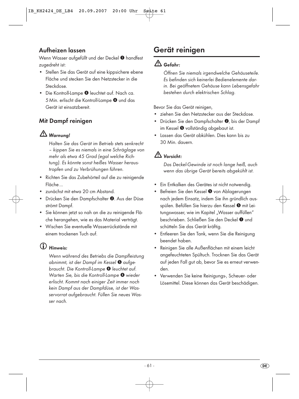 Gerät reinigen, Aufheizen lassen, Mit dampf reinigen | Kompernass KH 2424 User Manual | Page 63 / 66